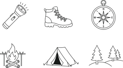 Camping essentials line art icons including flashlight, hiking boot, compass, campfire, tent, and forest trees for outdoor adventure.