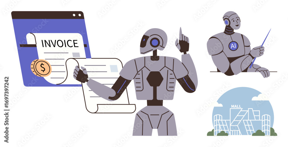 Poster robots processing invoices on a computer, pointing to data concepts, and analyzing business trends. 