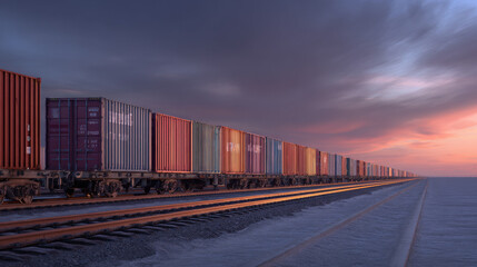Fototapeta premium row of containers on rail freight cars stretching into horizon sunset light illustration concept scene visual for commercial design use high detail quality stock image illustration concept scene 