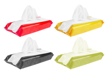 Four colorful packs of wet wipes isolated on transparent background