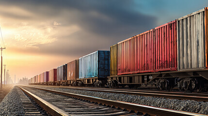 Obraz premium row of containers on rail freight cars stretching into horizon sunset light illustration concept scene visual for commercial design use high detail quality stock image illustration concept scene 