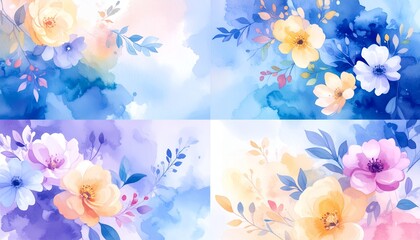 Obraz premium パステル調で描かれた四季の水彩フローラルパネル
