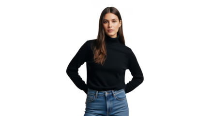 A young woman with long brown hair, wearing a black turtleneck sweater and blue jeans, stands with her hands behind her back, isolated on a transparent background