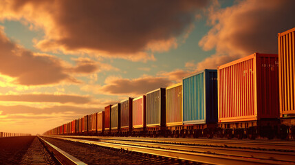 Fototapeta premium row of containers on rail freight cars stretching into horizon sunset light illustration concept scene visual for commercial design use high detail quality stock image illustration concept scene 
