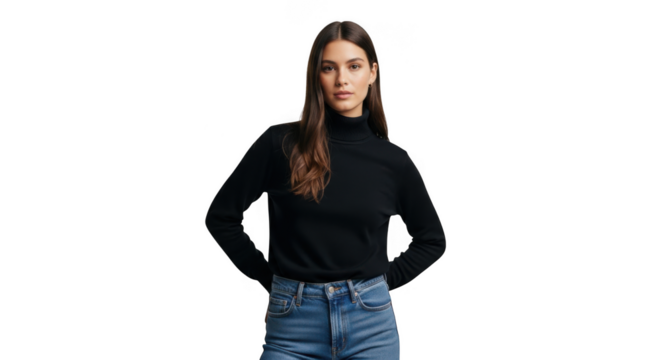 A young woman with long brown hair, wearing a black turtleneck sweater and blue jeans, stands with her hands behind her back, isolated on a transparent background