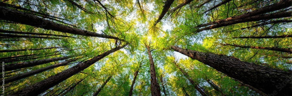 Poster upward view into a forest canopy with tall trees and sunlight filtering through green leaves creatin