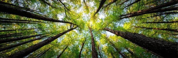 Fototapeta premium Upward view into a forest canopy with tall trees and sunlight filtering through green leaves creating a bright, natural light