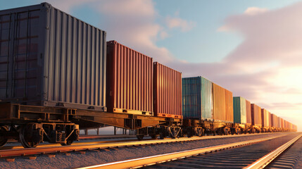 Fototapeta premium row of containers on rail freight cars stretching into horizon sunset light illustration concept scene visual for commercial design use high detail quality stock image illustration concept scene 