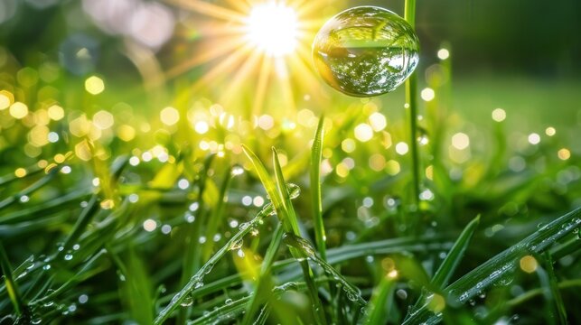 Lush green grass glistens with water droplets under a bright sun with a clear, reflective bubble. - Powered by Adobe