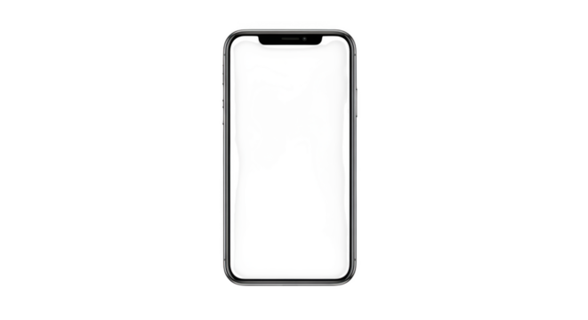 A modern smartphone with a blank white screen, isolated on a clean transparent background, ready for customization or display