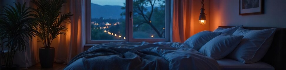 Serene nighttime scene featuring soft, diffused lighting illuminating a cozy bedroom with a plush bed and tranquil decor, perfect for sleep-related projects , calm, wellbeing