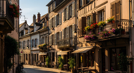 Charming european street lined with historic buildings and flowers