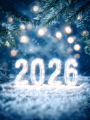 Glowing sparkler numbers forming 2026 in a snowy forest with pine branches and festive lights. Perfect for New Year celebrations, greeting cards and holiday backgrounds.