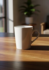 Fototapeta premium Morning light illuminating a white mug on a wooden table surface