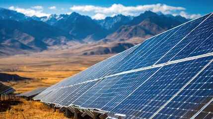Array of blue solar panels in a dry, mountainous landscape under a bright sky harnessing renewable energy