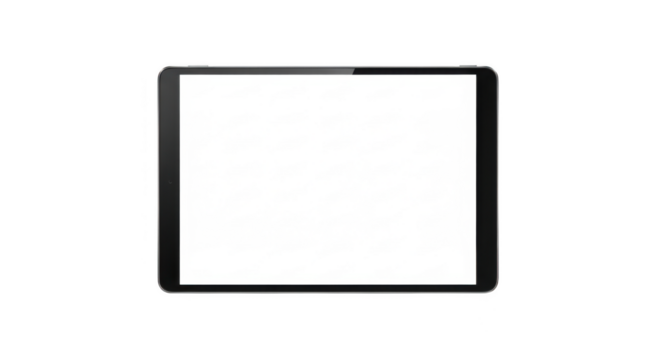 A modern black tablet with a blank white screen is isolated on a pure transparent background, ready for digital content