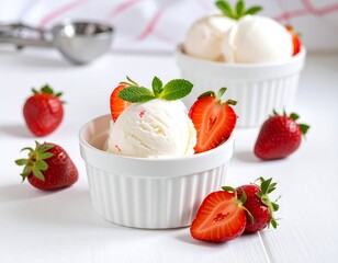 Two small white bowls of vanilla ice cream topped with fresh strawberries and mint leaves