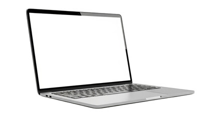 A modern silver laptop with a blank white screen is open and angled to the right, isolated on a clean transparent background