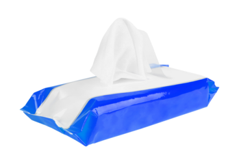 Blue pack of white wet wipes isolated on transparent background