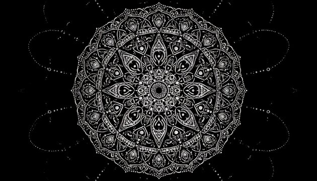 Intricate symmetrical mandala design on a black background - Powered by Adobe