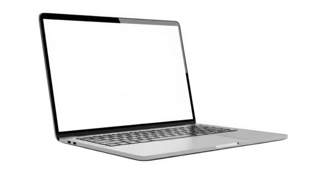 A modern silver laptop with a blank white screen is open and angled to the right, isolated on a clean transparent background - Powered by Adobe