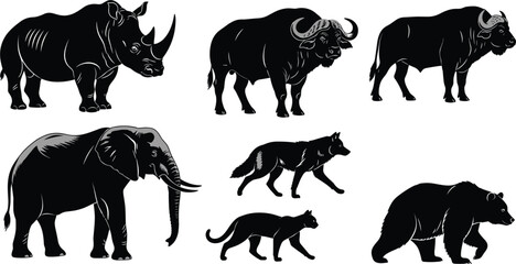 Flat vector illustration of African wild animals, rhinoceros, buffalo, elephant, wolf, panther, bear, wildlife silhouettes, nature, safari, mammal, animal kingdom, jungle fauna