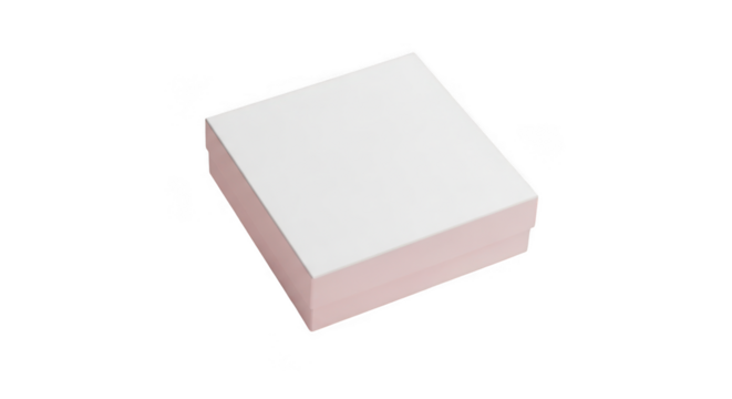 A simple, closed, light pink and white square gift box is shown from a slightly elevated angle, isolated on a plain transparent background