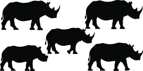 Flat vector illustration of five rhinoceros silhouettes, wild animals, wildlife herd, nature, African savannah, endangered species, black silhouette, strong, powerful, mammal, big animals