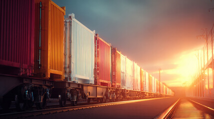 Fototapeta premium row of containers on rail freight cars stretching into horizon sunset light illustration concept scene visual for commercial design use high detail quality stock image illustration concept scene 