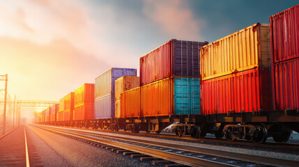 Obraz premium row of containers on rail freight cars stretching into horizon sunset light illustration concept scene visual for commercial design use high detail quality stock image illustration concept scene 