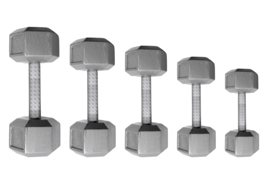 Set of five hexagonal dumbbells isolated on transparent background