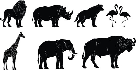 African wildlife animal silhouette collection, lion, rhino, giraffe, elephant, buffalo, hyena, flamingo, vector art, safari clipart, isolated