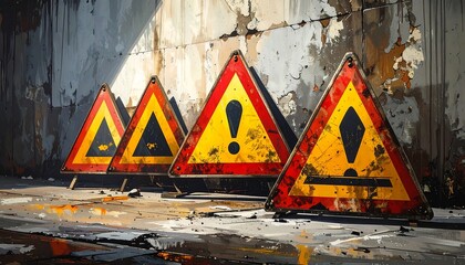 Four weathered warning triangles on a rustic surface