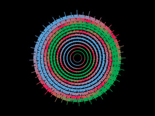 Vector background of rotating ellipse 3D shapes, consisting of futuristic circle pattern and wavy lines with colorful gradations.