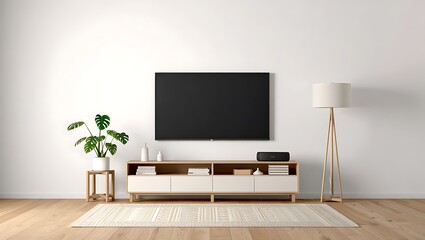 Minimalist living room interior with TV plant and modern furniture arrangement