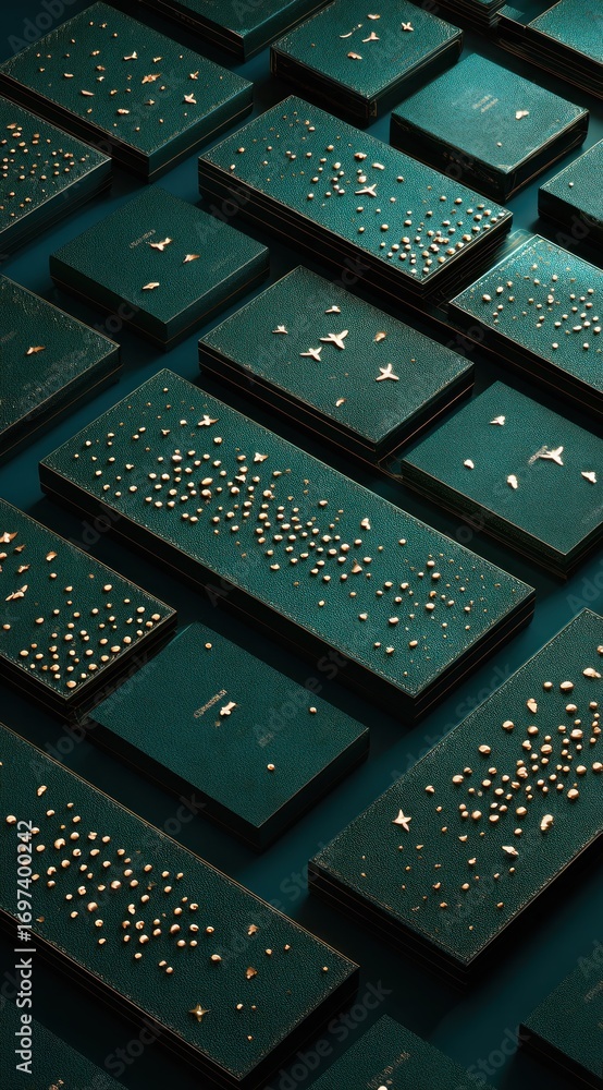 Poster teal rectangles, some dotted with gold, arranged in a staggered pattern on a solid teal background