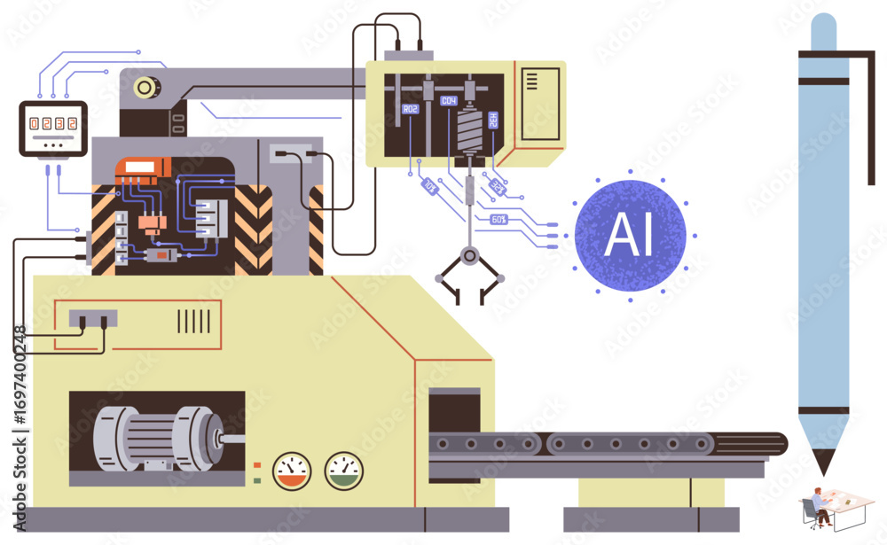 Poster robotic arm operating industrial machinery with ai integration, producing items on a conveyor belt. 