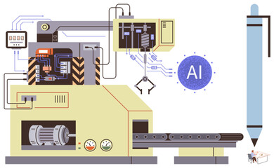 Robotic arm operating industrial machinery with AI integration, producing items on a conveyor belt. Ideal for innovation, automation, robotics, AI, precision, manufacturing and technology. Simple