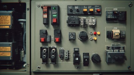 Control panel with various switches, buttons, and indicators in a technical environment featuring electrical components