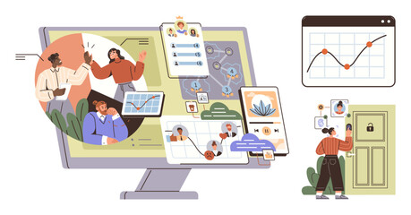 Digital collaboration tools on a monitor with graphs, a network map, and virtual communication. A person using a lock system icon. Ideal for teamwork, data management, growth, security, analytics
