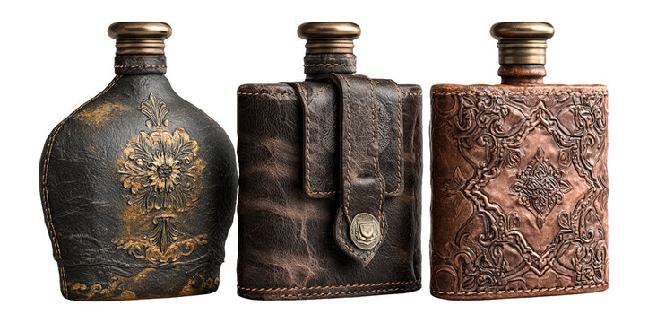 Elegant Vintage Leather Flasks with Decorative Designs and Caps