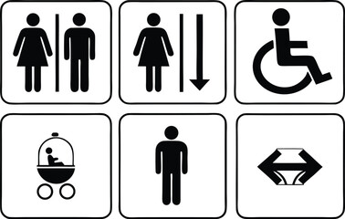 Various black and white public service icons representing restrooms accessibility and gender neutral facilities in a modern design set for signage and wayfinding systems