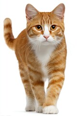 Orange tabby cat, with white markings on chest and face, walks forward against a clean, white background