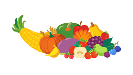 Harvest bounty of fresh fruits and vegetables corn pumpkin apple pear grape cherry plum banana for thanksgiving