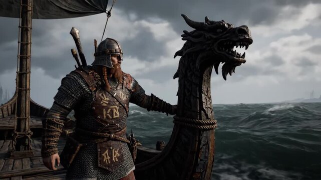 Viking Warrior at Sea - A fierce Viking warrior stands at the prow of his longship, the dragon head carved into the vessel's bow visible in the foreground.