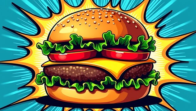 A colorful pop-art style digital illustration of a burger with bold outlines, halftone dots, and bright comic colors.
