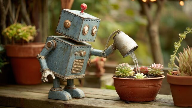 Rustic toy robot watering succulents in a terracotta pot on a wooden ledge against a blurred foliage background