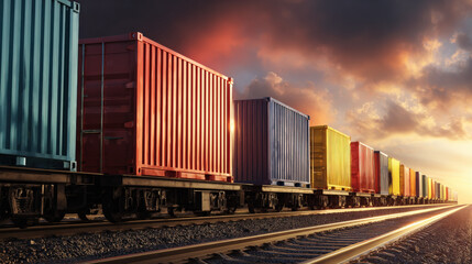 Obraz premium row of containers on rail freight cars stretching into horizon sunset light illustration concept scene visual for commercial design use high detail quality stock image illustration concept scene 