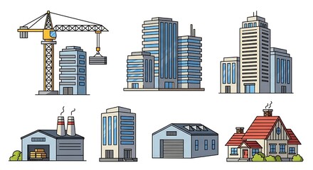 Obraz premium Colorful Illustrated Buildings: Construction Crane, Skyscrapers, Factory, and Residential Home.