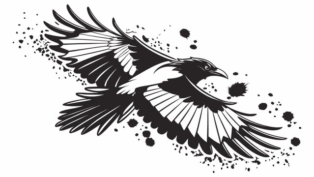 Flying magpie vector illustration in black and white with ink splatter design for tattoo and logo design